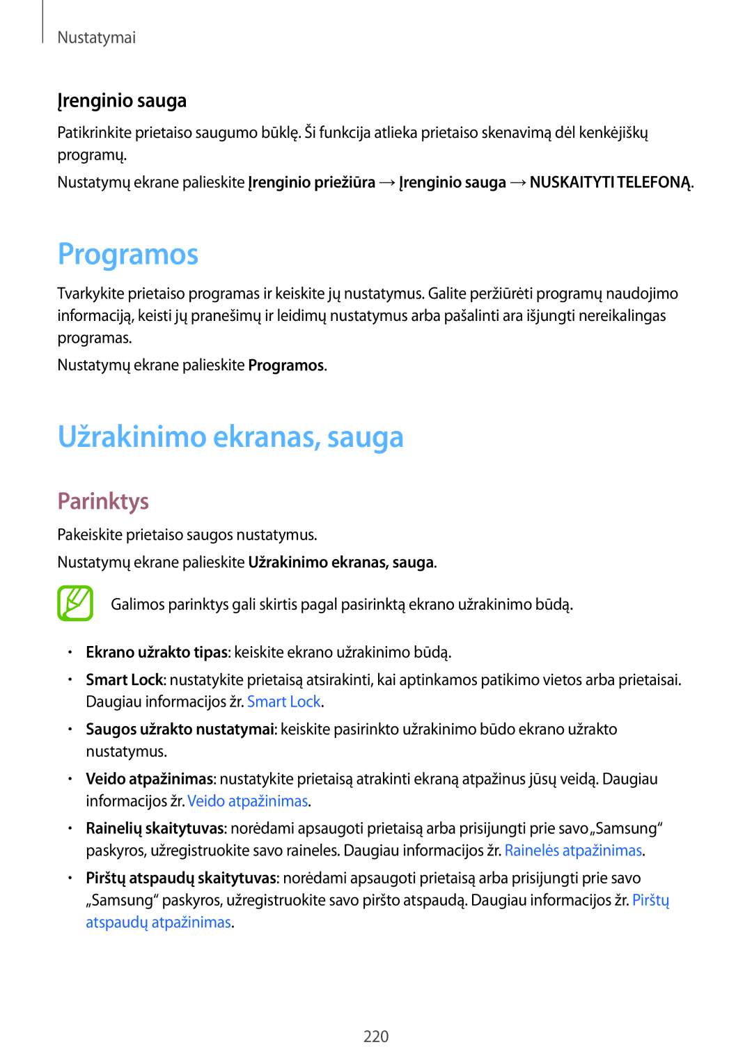 Samsung SM-N950FZKDSEB, SM-N950FZDDSEB manual Programos, Užrakinimo ekranas, sauga, Įrenginio sauga 