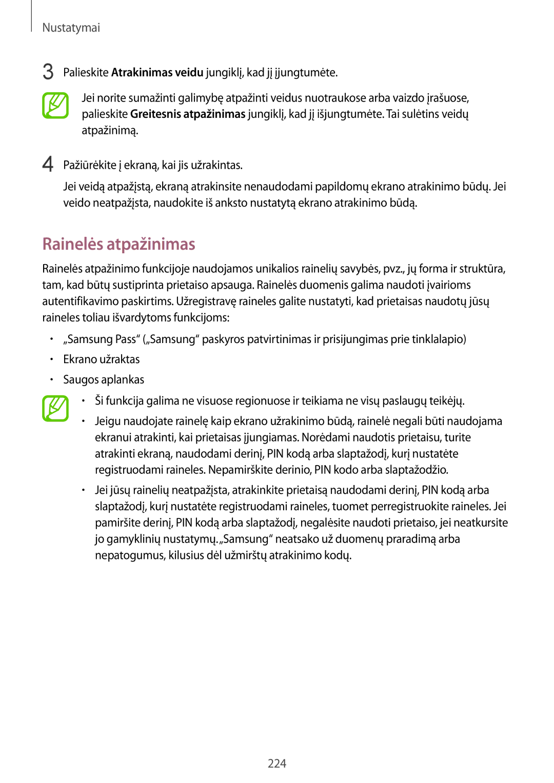 Samsung SM-N950FZKDSEB, SM-N950FZDDSEB manual Rainelės atpažinimas 