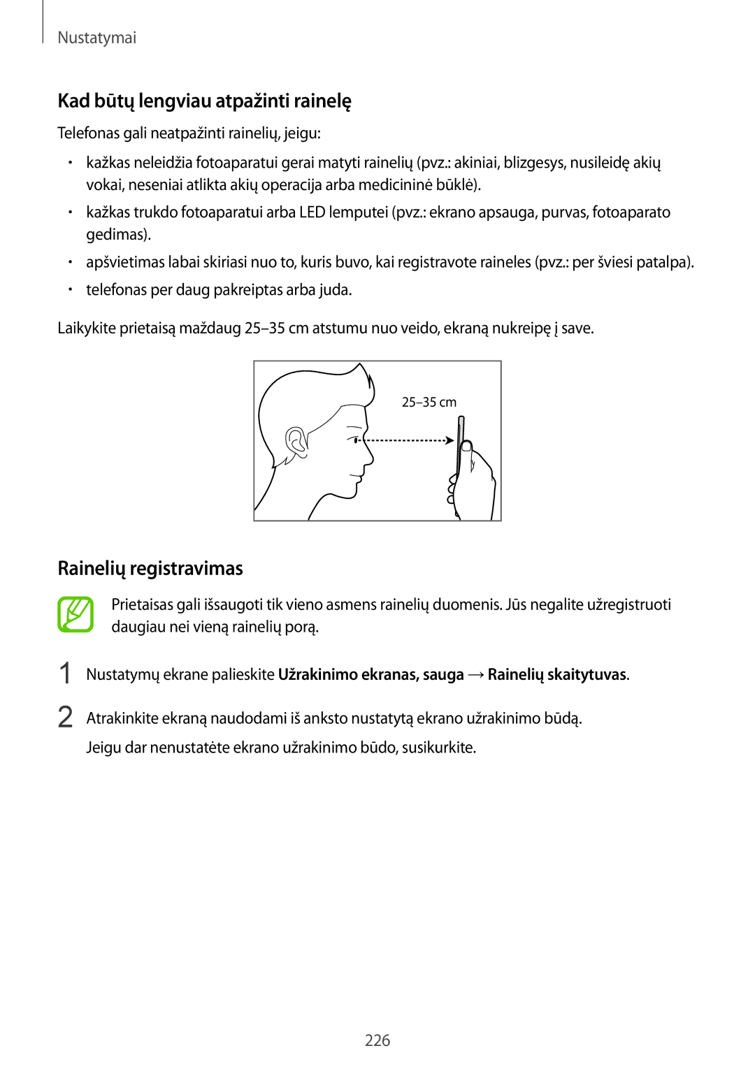 Samsung SM-N950FZKDSEB, SM-N950FZDDSEB manual Kad būtų lengviau atpažinti rainelę, Rainelių registravimas 