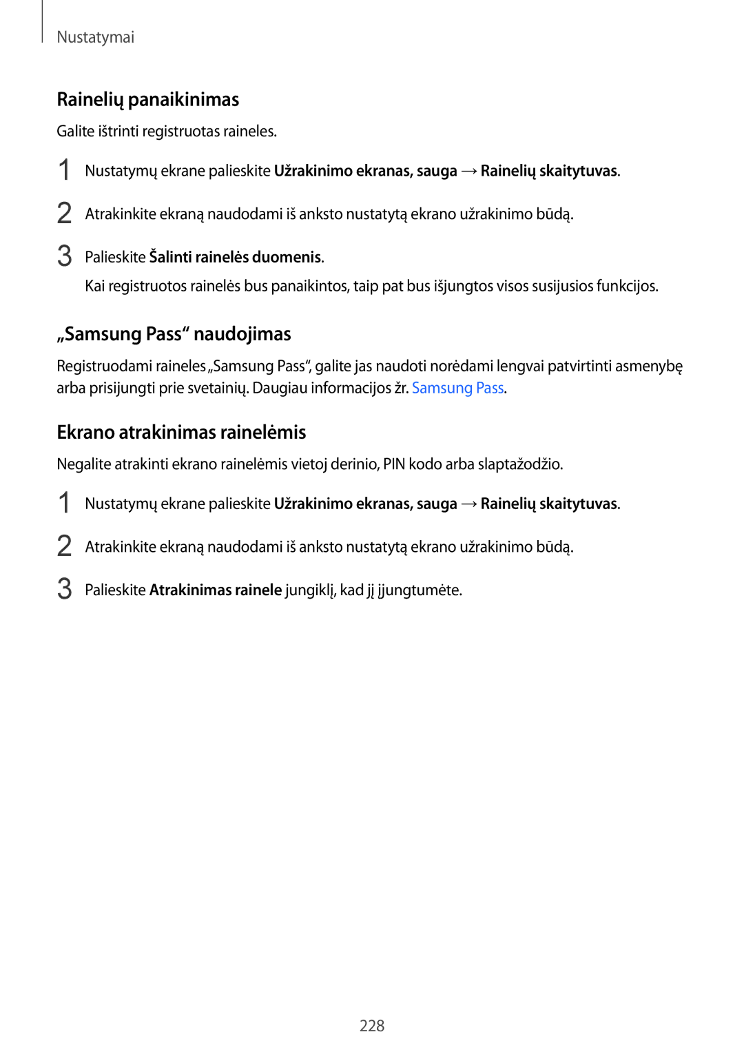 Samsung SM-N950FZKDSEB, SM-N950FZDDSEB manual Rainelių panaikinimas, „Samsung Pass naudojimas, Ekrano atrakinimas rainelėmis 