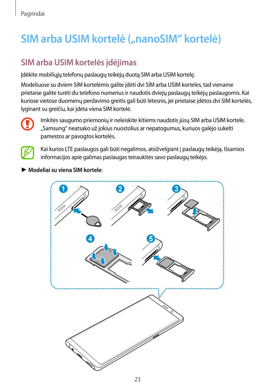 Samsung SM-N950FZDDSEB, SM-N950FZKDSEB manual SIM arba Usim kortelė „nanoSIM kortelė, SIM arba Usim kortelės įdėjimas 