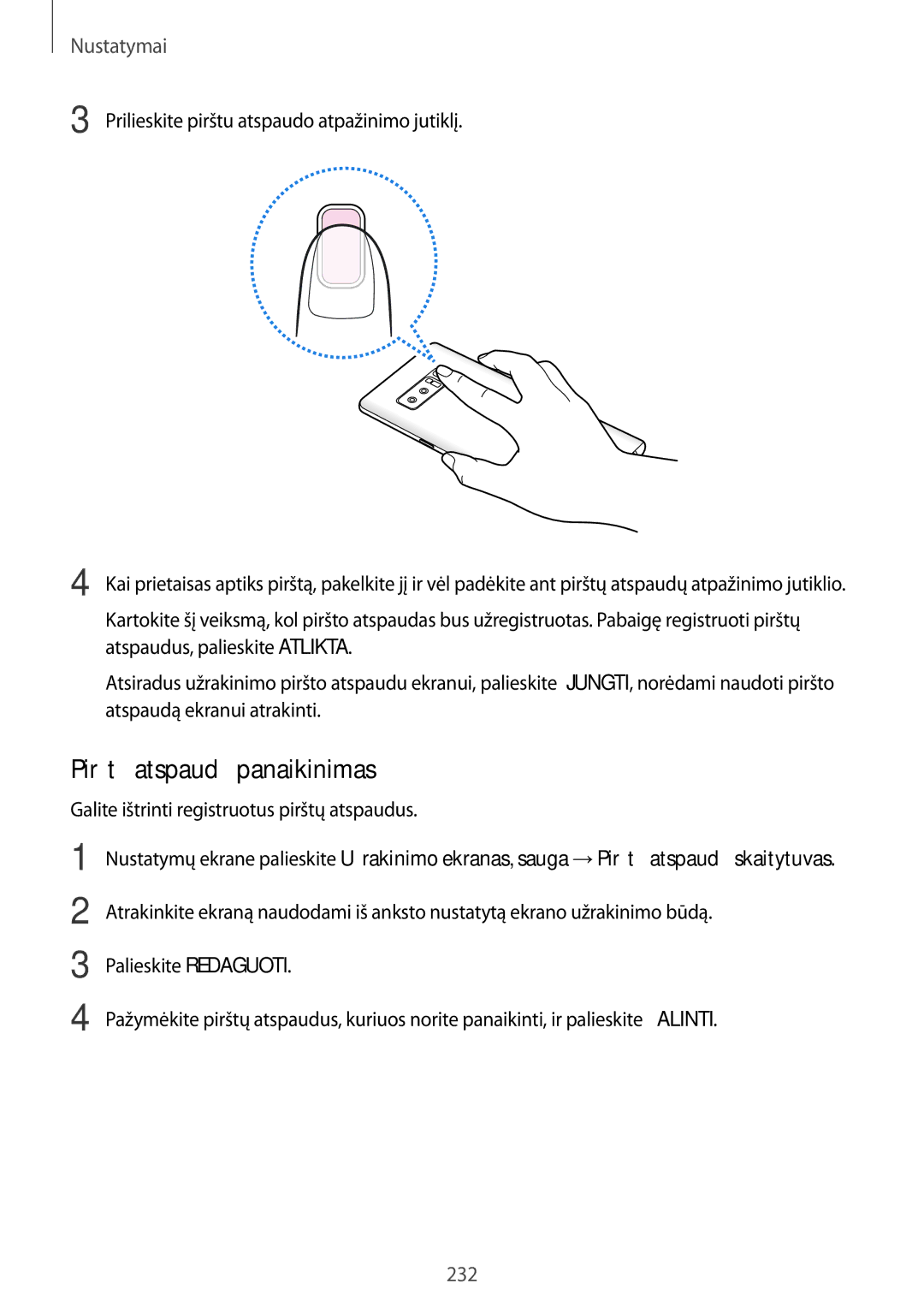 Samsung SM-N950FZKDSEB, SM-N950FZDDSEB manual Pirštų atspaudų panaikinimas, Galite ištrinti registruotus pirštų atspaudus 