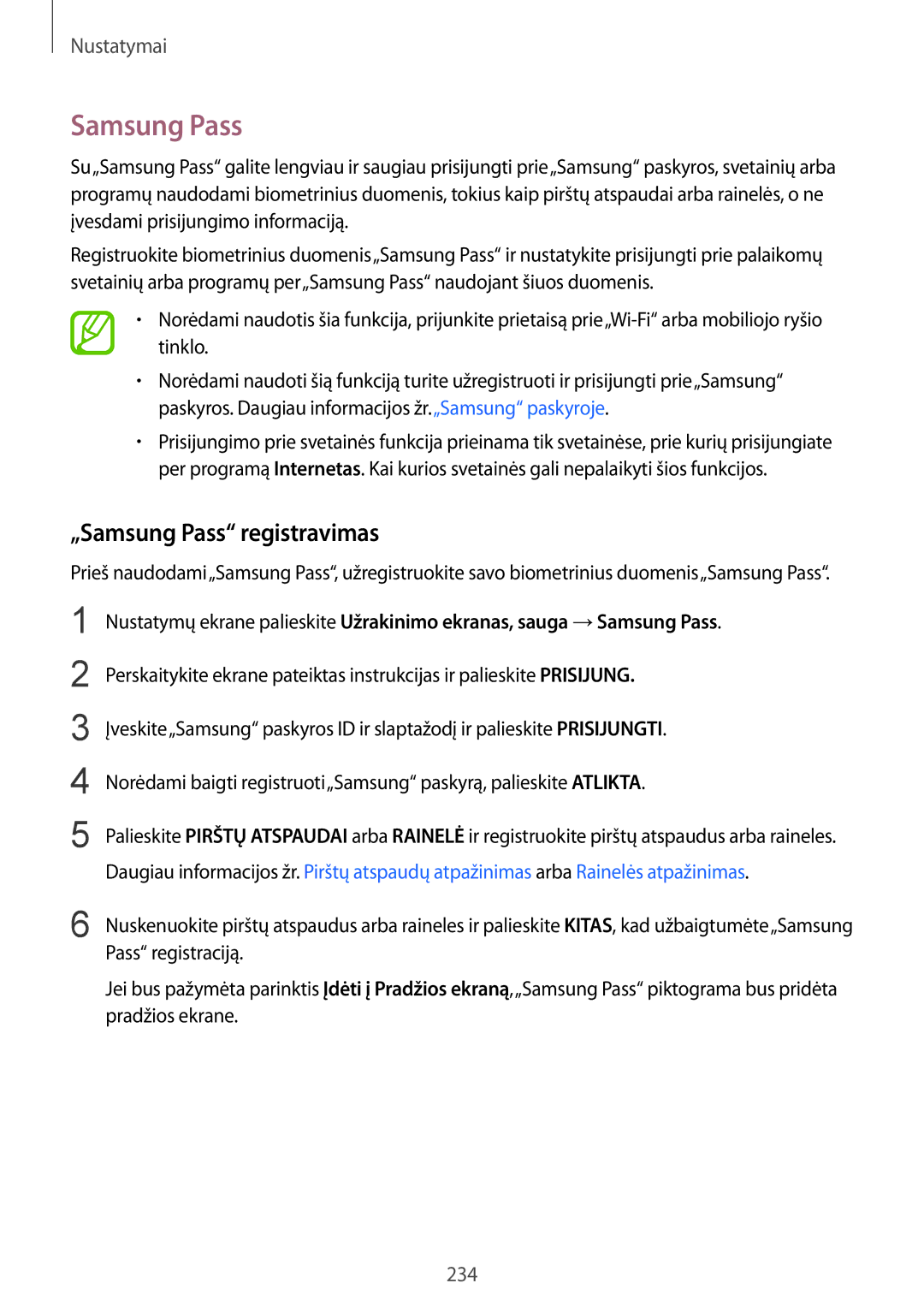 Samsung SM-N950FZKDSEB, SM-N950FZDDSEB manual „Samsung Pass registravimas 