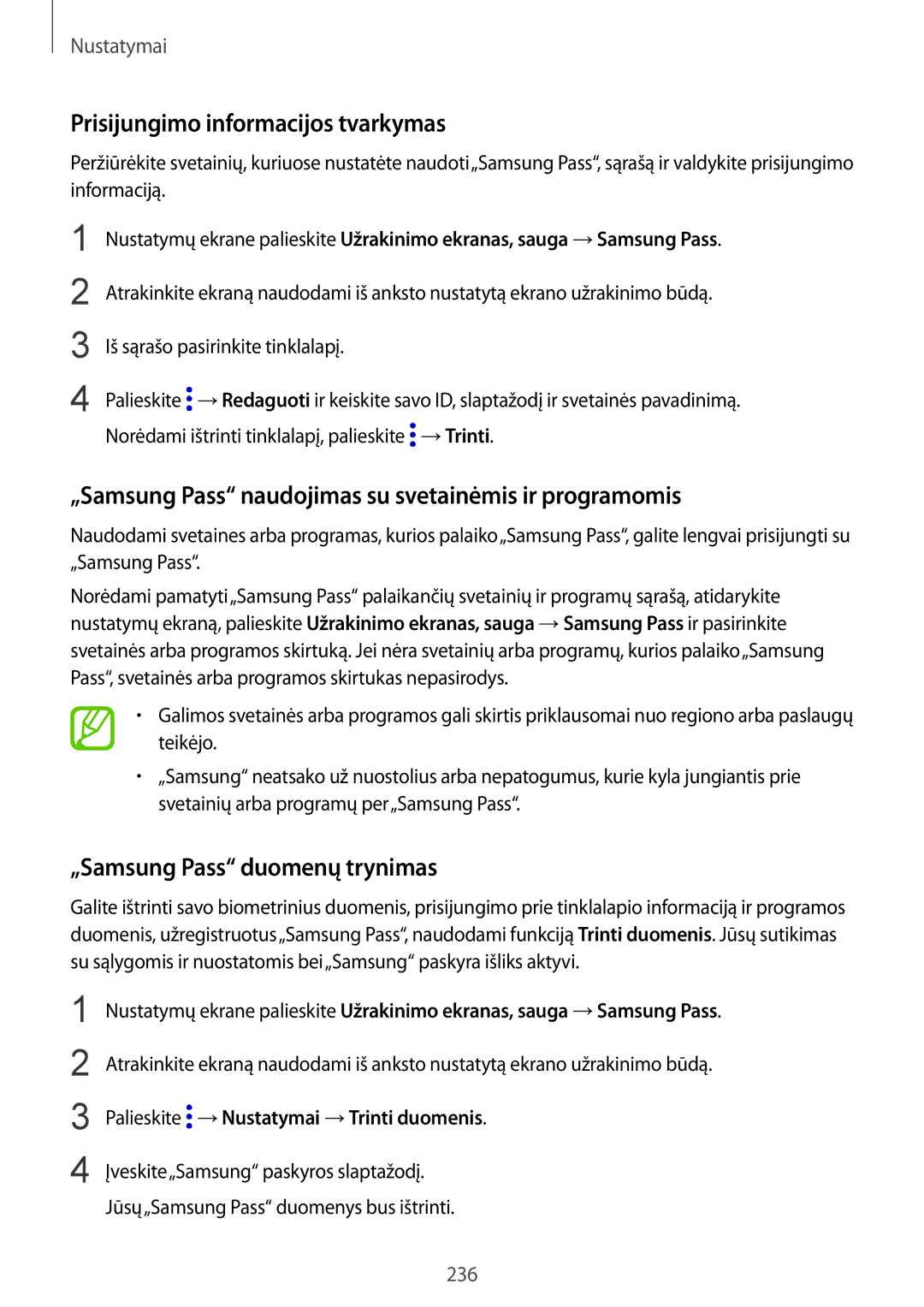 Samsung SM-N950FZKDSEB manual Prisijungimo informacijos tvarkymas, „Samsung Pass naudojimas su svetainėmis ir programomis 