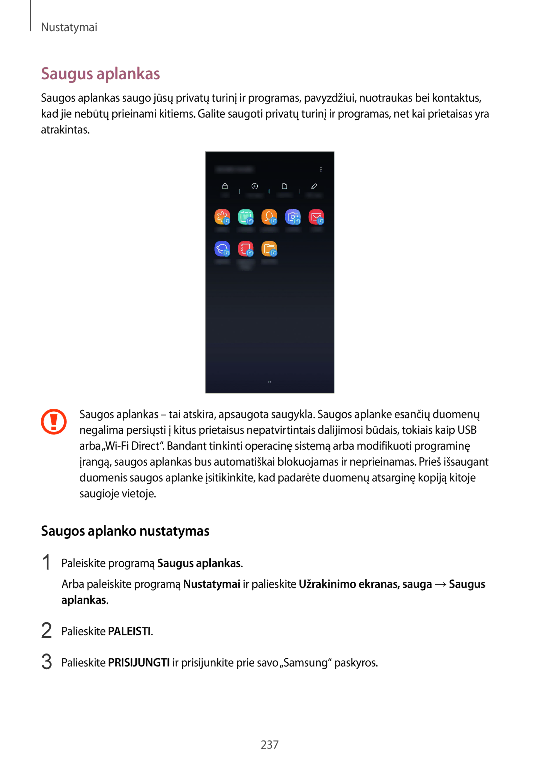 Samsung SM-N950FZDDSEB Saugos aplanko nustatymas, Paleiskite programą Saugus aplankas, Aplankas, Palieskite Paleisti 