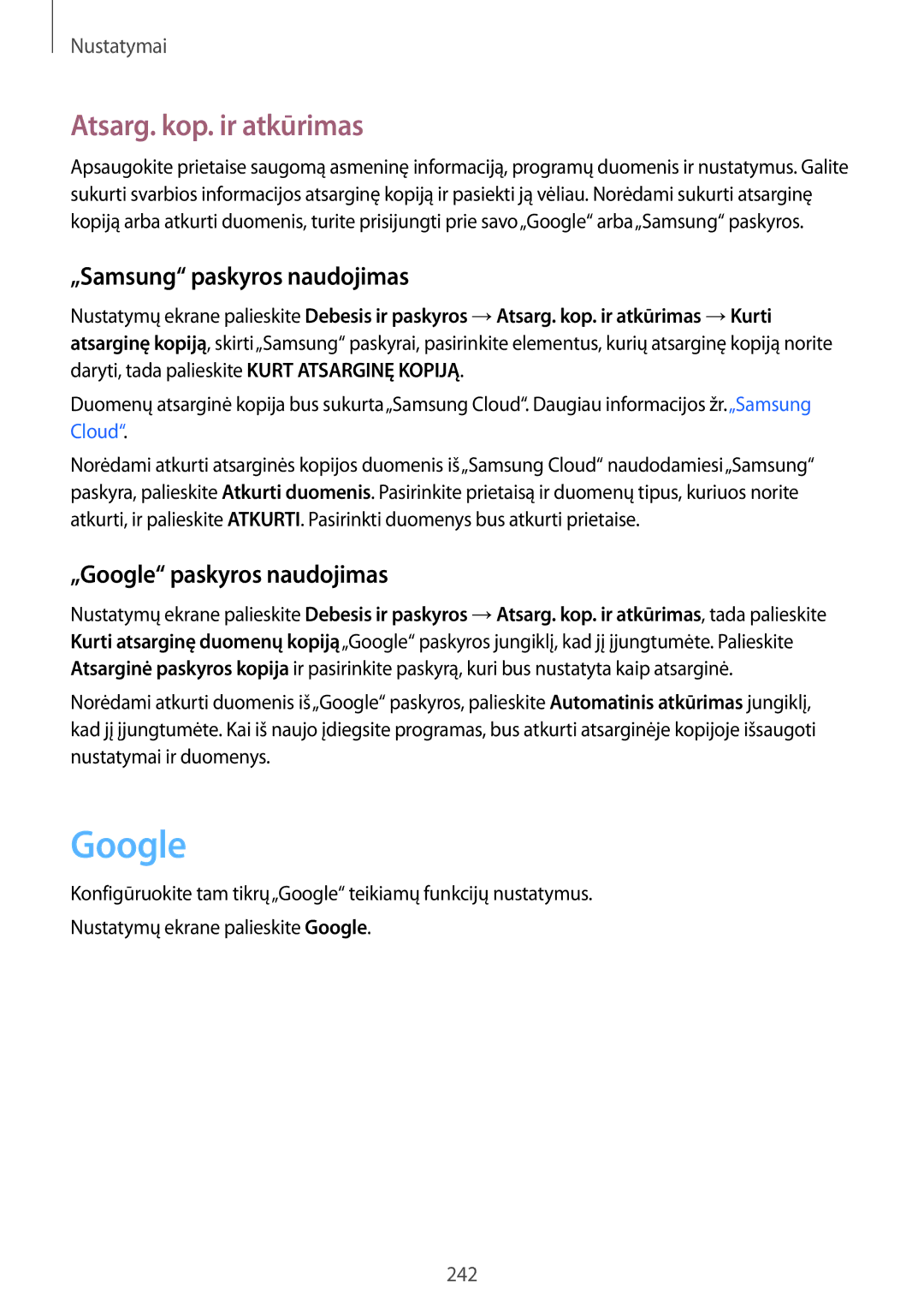 Samsung SM-N950FZKDSEB manual Atsarg. kop. ir atkūrimas, „Samsung paskyros naudojimas, „Google paskyros naudojimas 