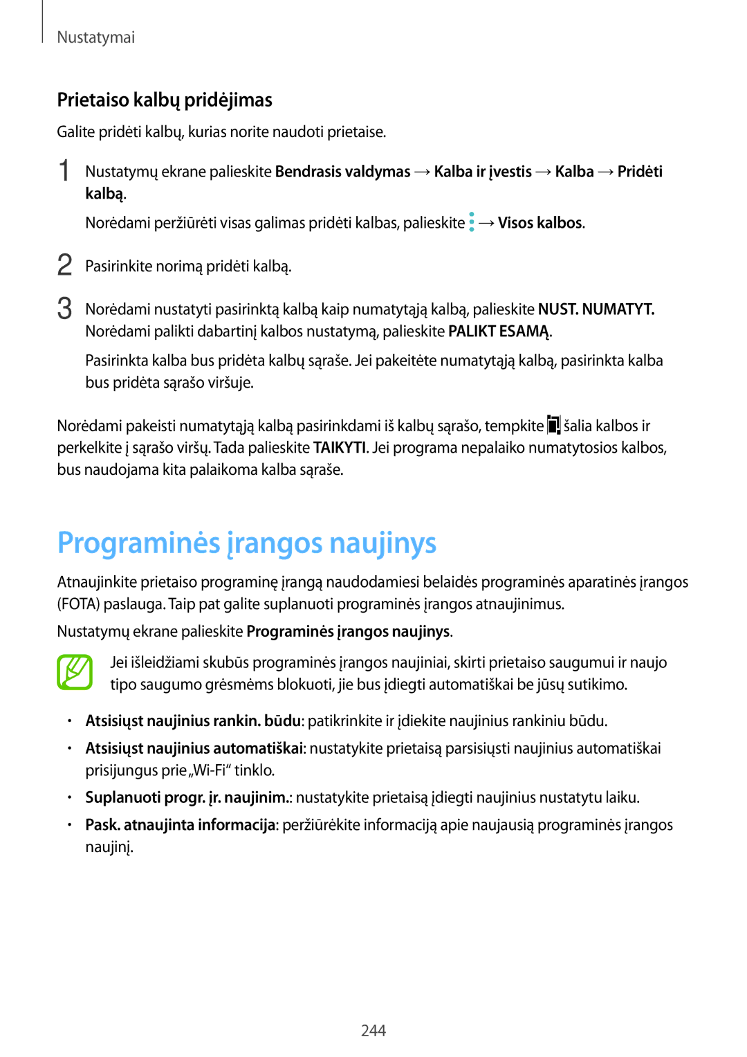 Samsung SM-N950FZKDSEB, SM-N950FZDDSEB manual Programinės įrangos naujinys, Prietaiso kalbų pridėjimas 