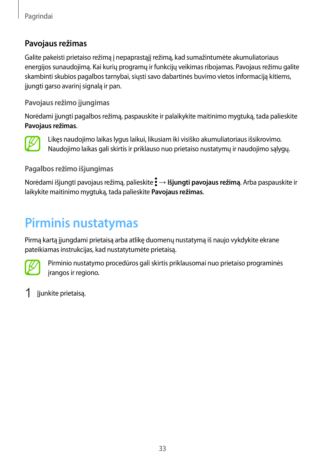 Samsung SM-N950FZDDSEB manual Pirminis nustatymas, Pavojaus režimas, Pavojaus režimo įjungimas, Pagalbos režimo išjungimas 