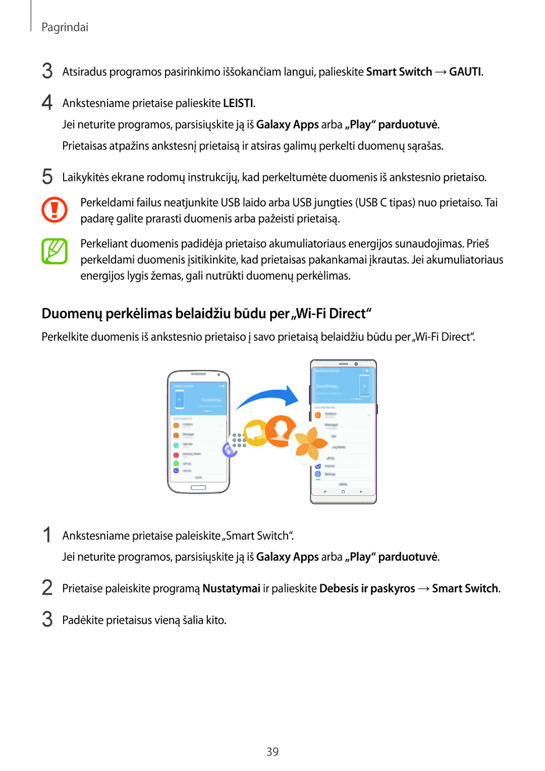 Samsung SM-N950FZDDSEB manual Duomenų perkėlimas belaidžiu būdu per„Wi-Fi Direct, Ankstesniame prietaise palieskite Leisti 