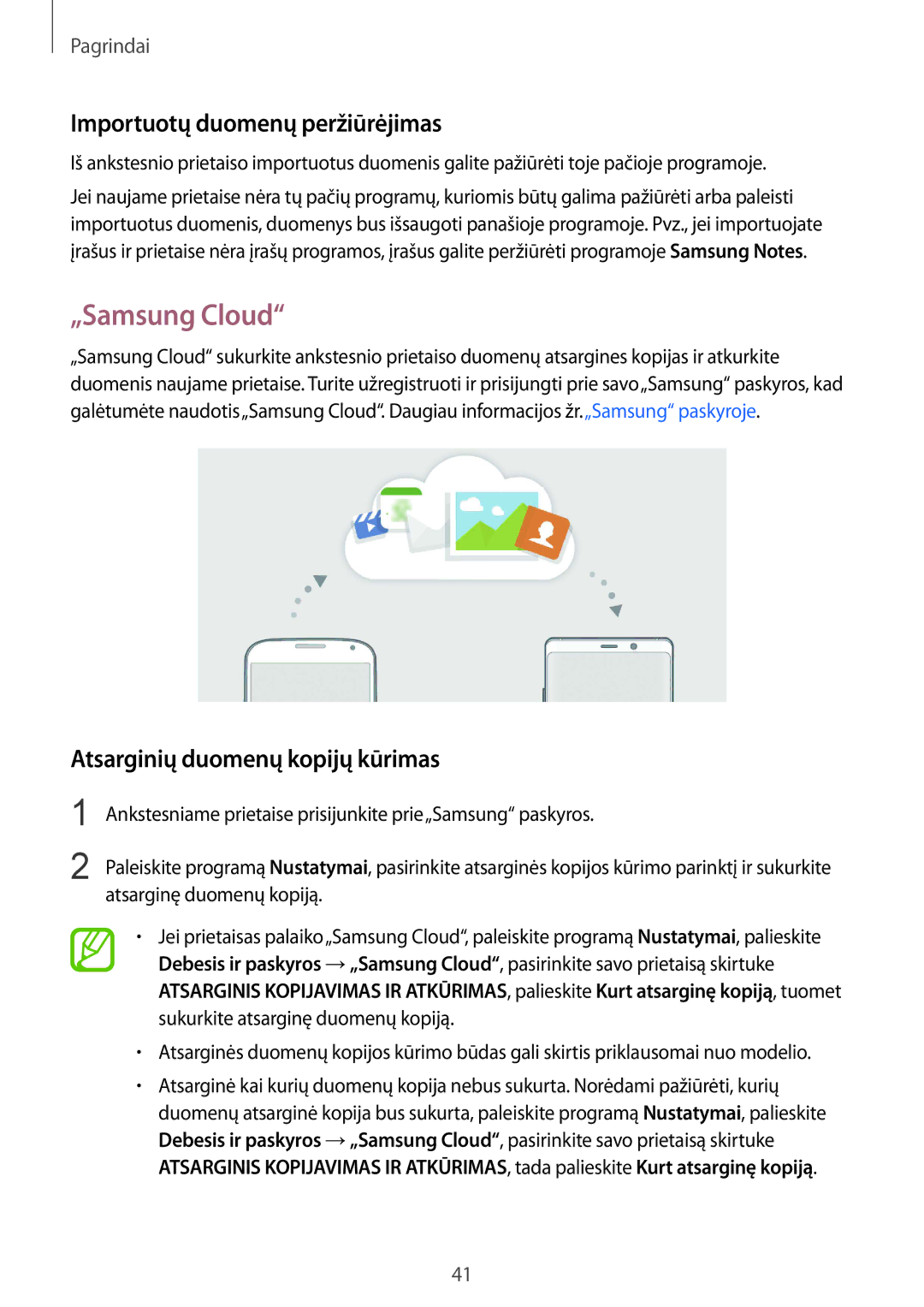 Samsung SM-N950FZDDSEB, SM-N950FZKDSEB „Samsung Cloud, Importuotų duomenų peržiūrėjimas, Atsarginių duomenų kopijų kūrimas 