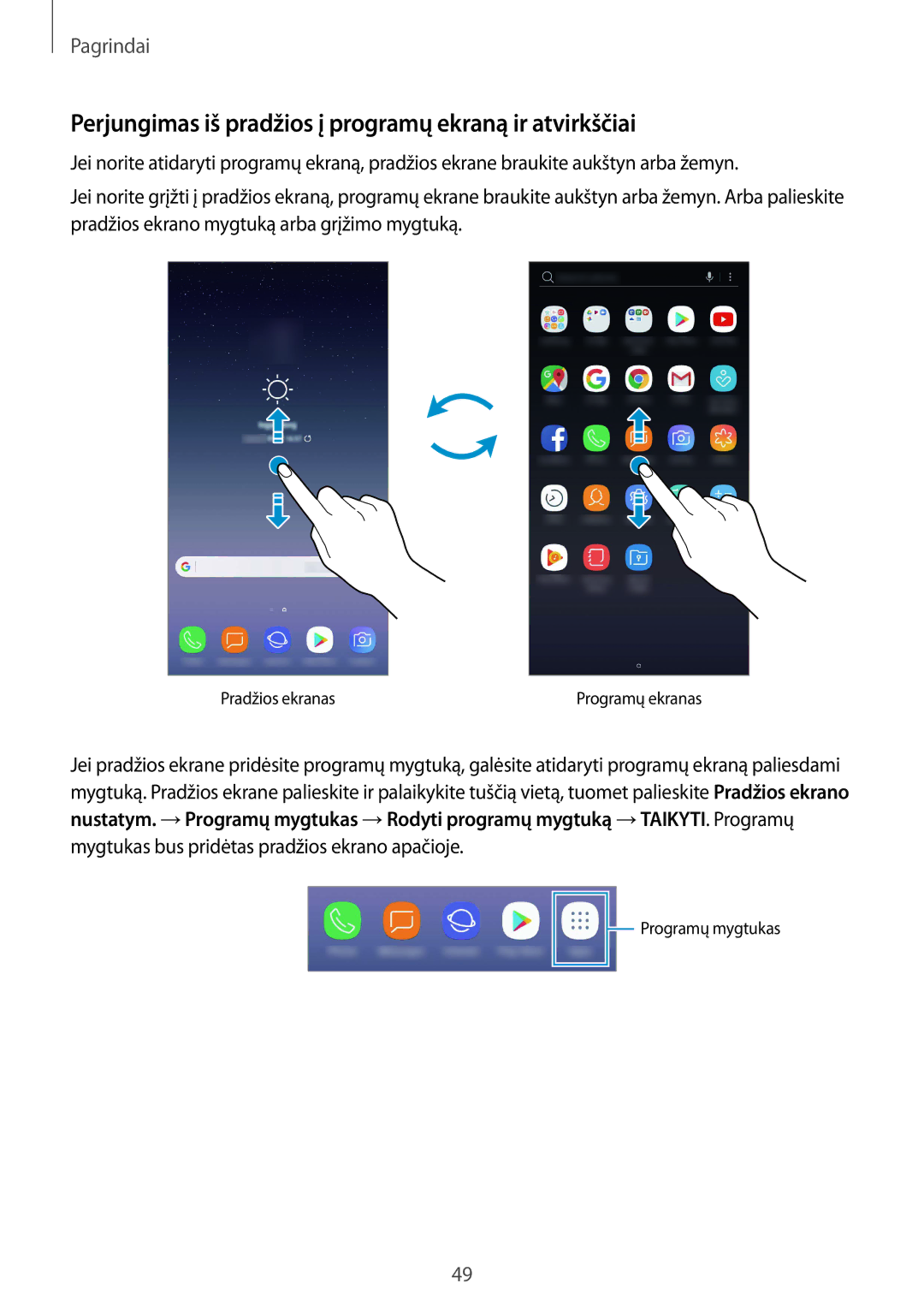 Samsung SM-N950FZDDSEB, SM-N950FZKDSEB manual Perjungimas iš pradžios į programų ekraną ir atvirkščiai 