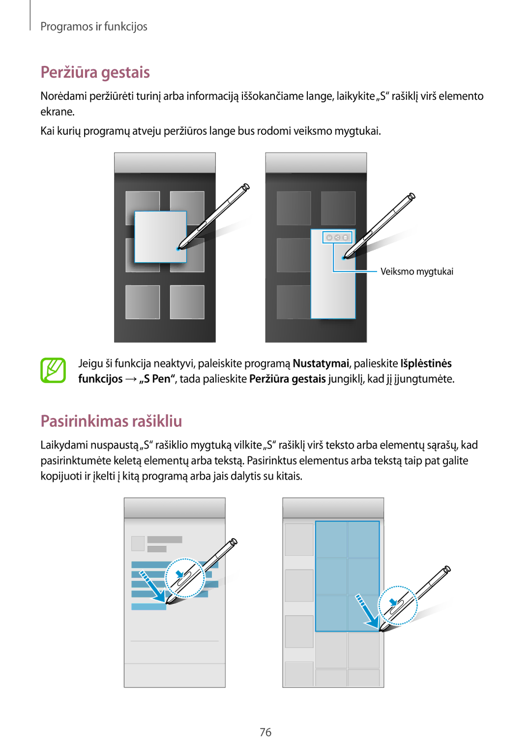 Samsung SM-N950FZKDSEB, SM-N950FZDDSEB manual Peržiūra gestais, Pasirinkimas rašikliu 