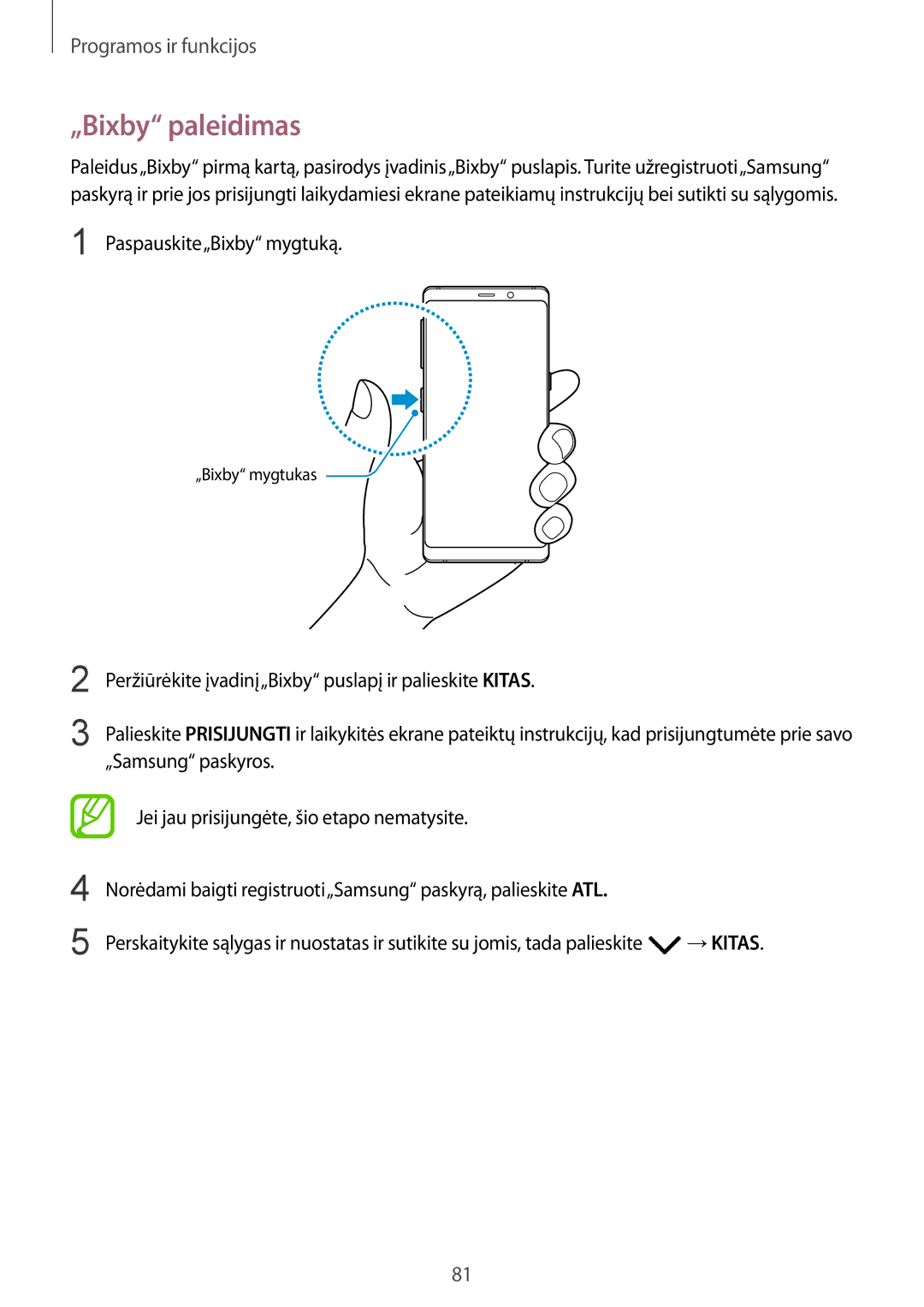 Samsung SM-N950FZDDSEB, SM-N950FZKDSEB manual „Bixby paleidimas, Paspauskite„Bixby mygtuką 