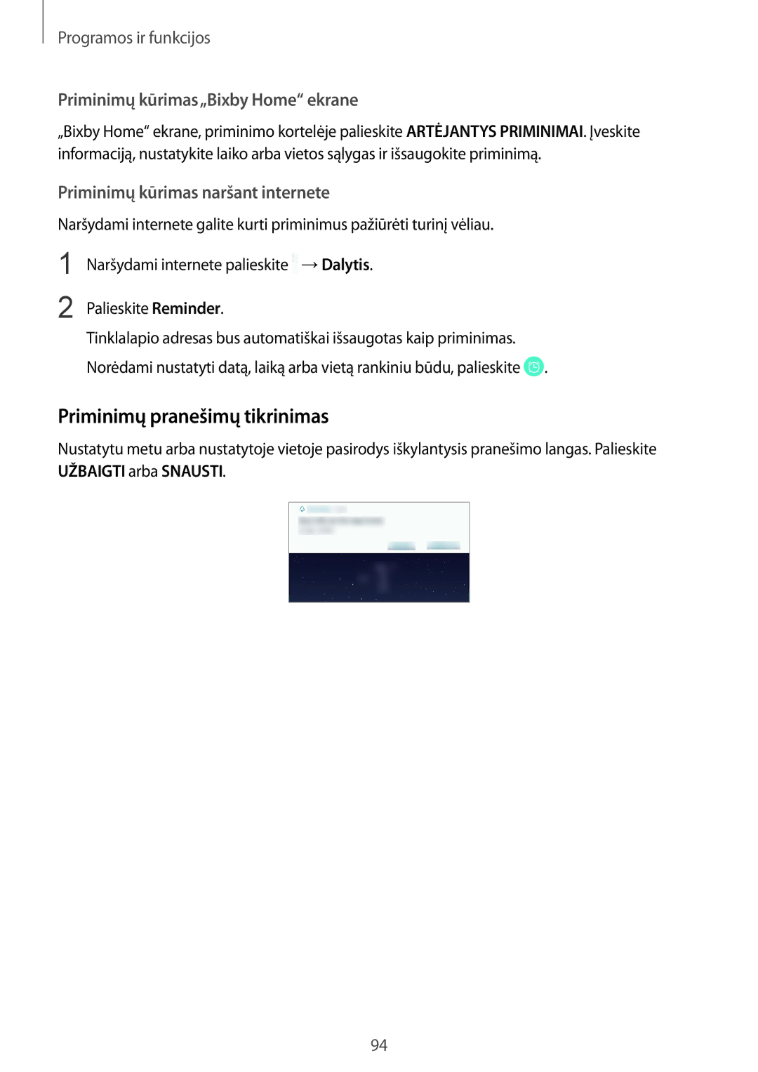 Samsung SM-N950FZKDSEB, SM-N950FZDDSEB manual Priminimų pranešimų tikrinimas, Priminimų kūrimas„Bixby Home ekrane 