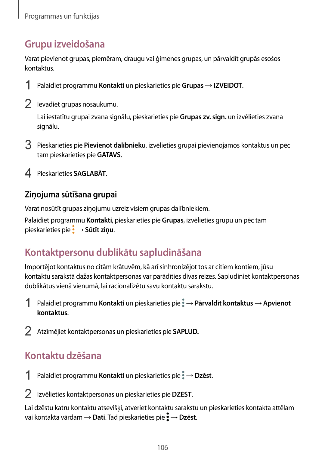 Samsung SM-N950FZKDSEB, SM-N950FZDDSEB manual Grupu izveidošana, Kontaktpersonu dublikātu sapludināšana, Kontaktu dzēšana 