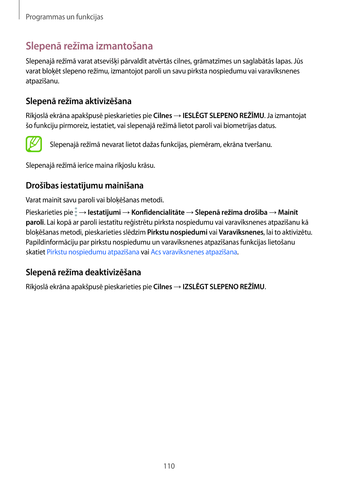 Samsung SM-N950FZKDSEB manual Slepenā režīma izmantošana, Slepenā režīma aktivizēšana, Drošības iestatījumu mainīšana 