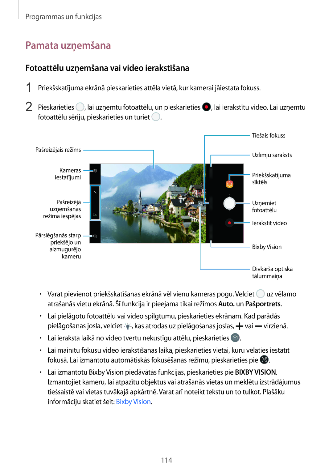 Samsung SM-N950FZKDSEB, SM-N950FZDDSEB manual Pamata uzņemšana, Fotoattēlu uzņemšana vai video ierakstīšana 