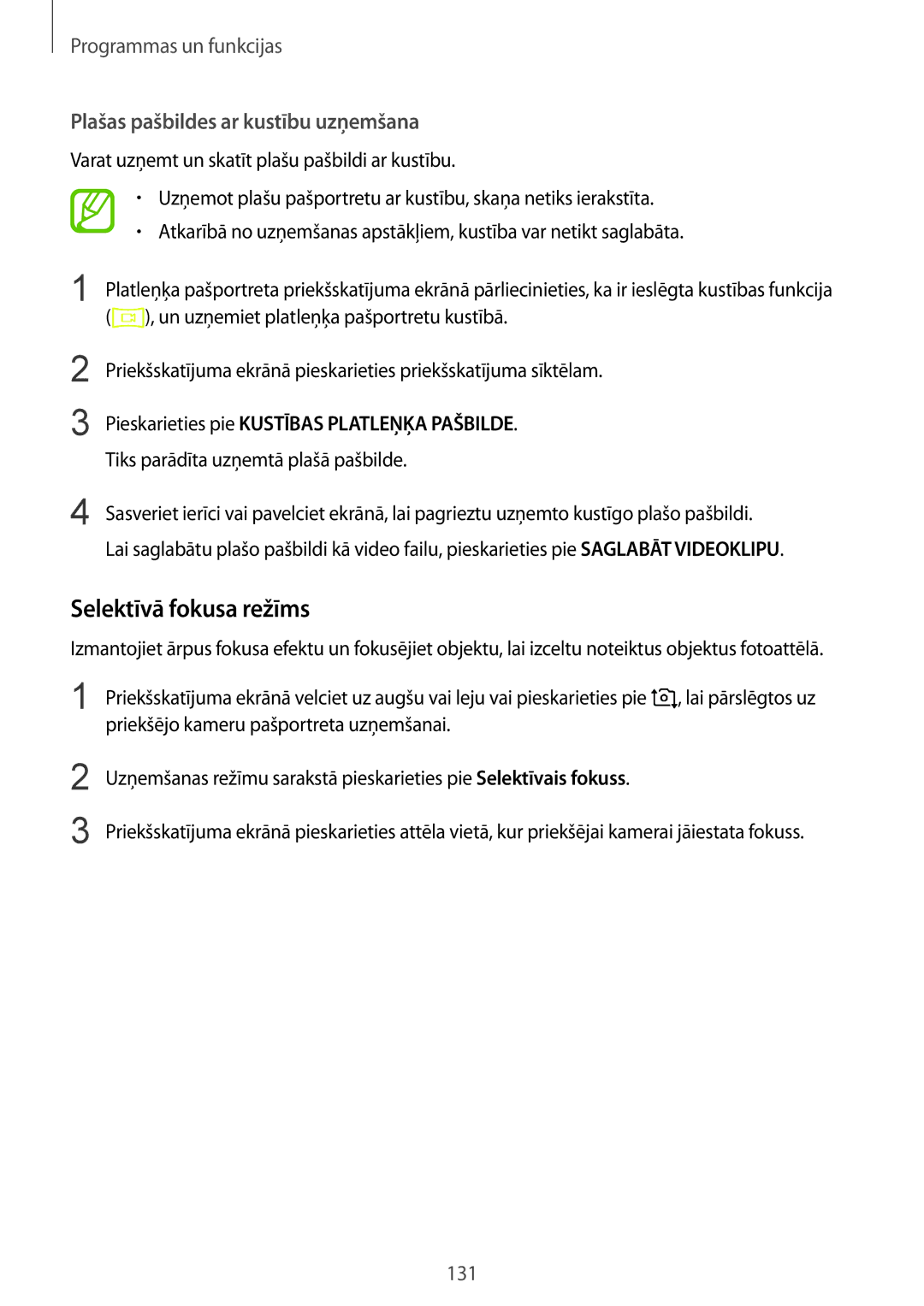 Samsung SM-N950FZDDSEB, SM-N950FZKDSEB manual Selektīvā fokusa režīms, Plašas pašbildes ar kustību uzņemšana 