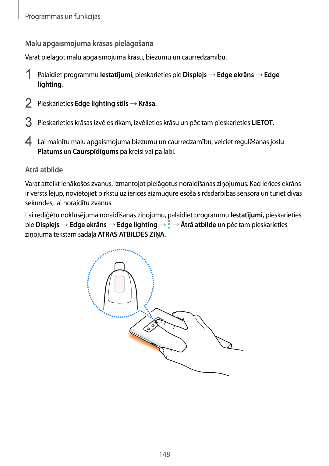 Samsung SM-N950FZKDSEB manual Malu apgaismojuma krāsas pielāgošana, Ātrā atbilde, Pieskarieties Edge lighting stils →Krāsa 