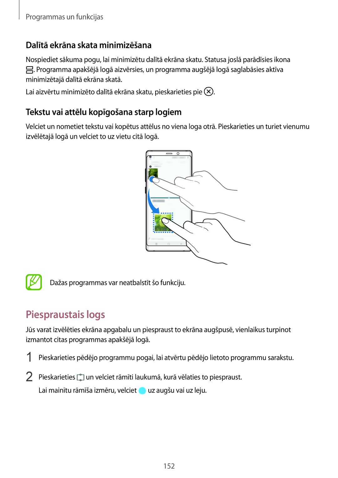 Samsung SM-N950FZKDSEB Piespraustais logs, Dalītā ekrāna skata minimizēšana, Tekstu vai attēlu kopīgošana starp logiem 
