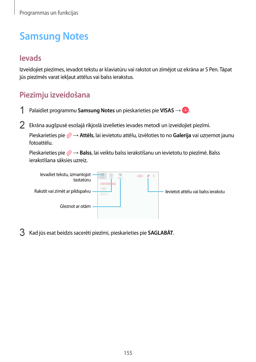 Samsung SM-N950FZDDSEB, SM-N950FZKDSEB manual Samsung Notes, Piezīmju izveidošana 