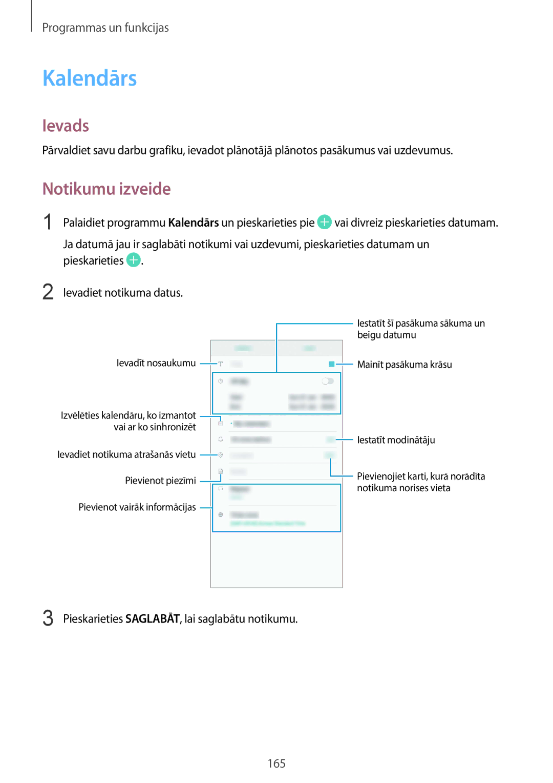 Samsung SM-N950FZDDSEB, SM-N950FZKDSEB manual Kalendārs, Notikumu izveide, Pieskarieties Ievadiet notikuma datus 