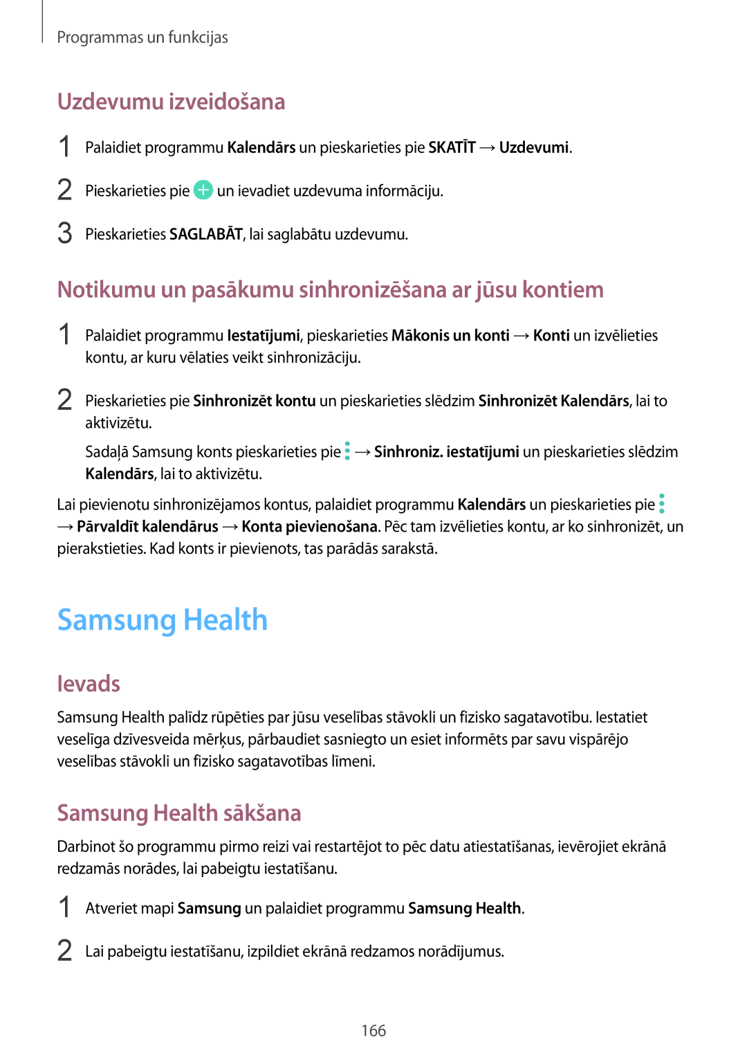 Samsung SM-N950FZKDSEB manual Samsung Health, Uzdevumu izveidošana, Notikumu un pasākumu sinhronizēšana ar jūsu kontiem 