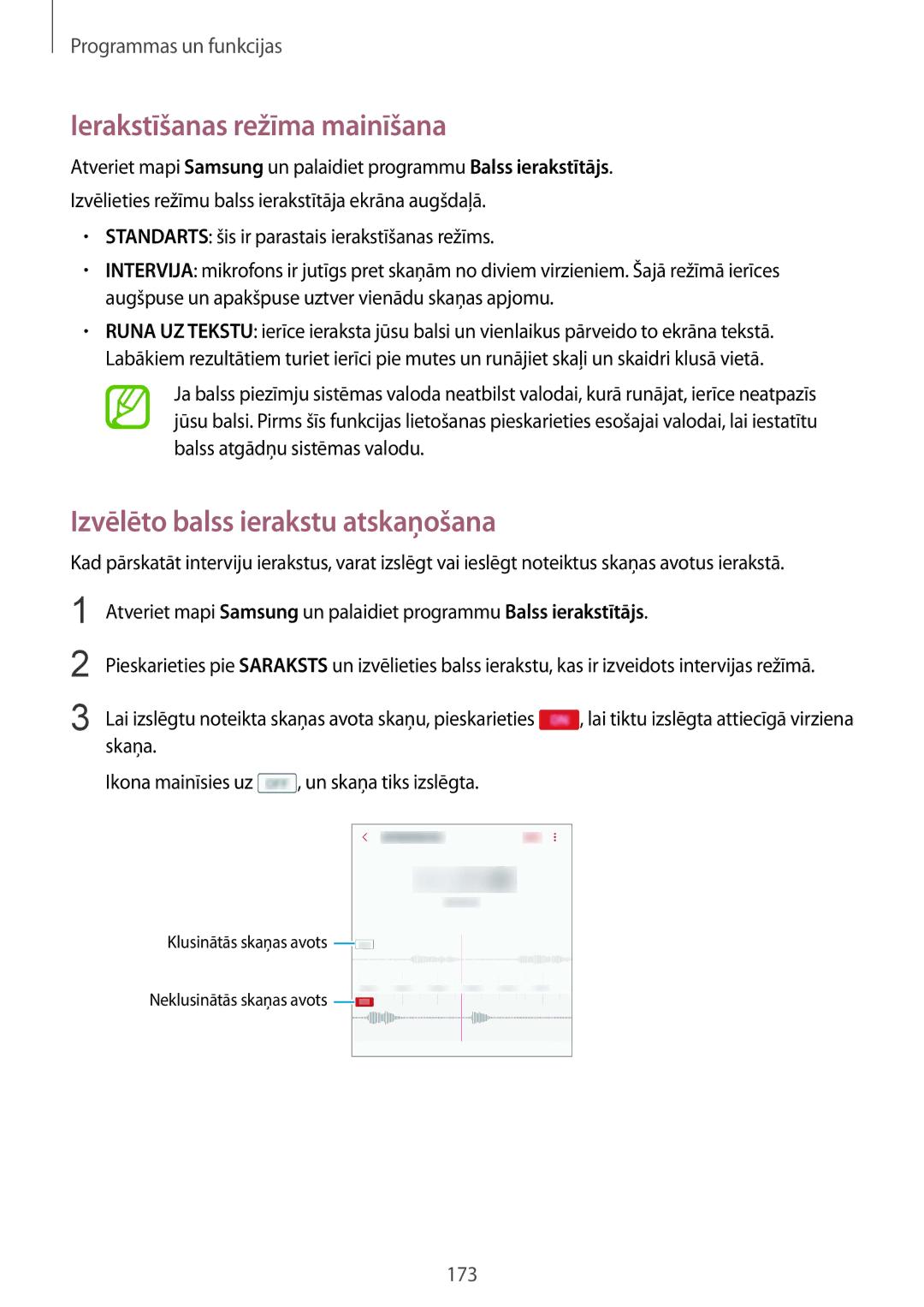 Samsung SM-N950FZDDSEB, SM-N950FZKDSEB manual Ierakstīšanas režīma mainīšana, Izvēlēto balss ierakstu atskaņošana 