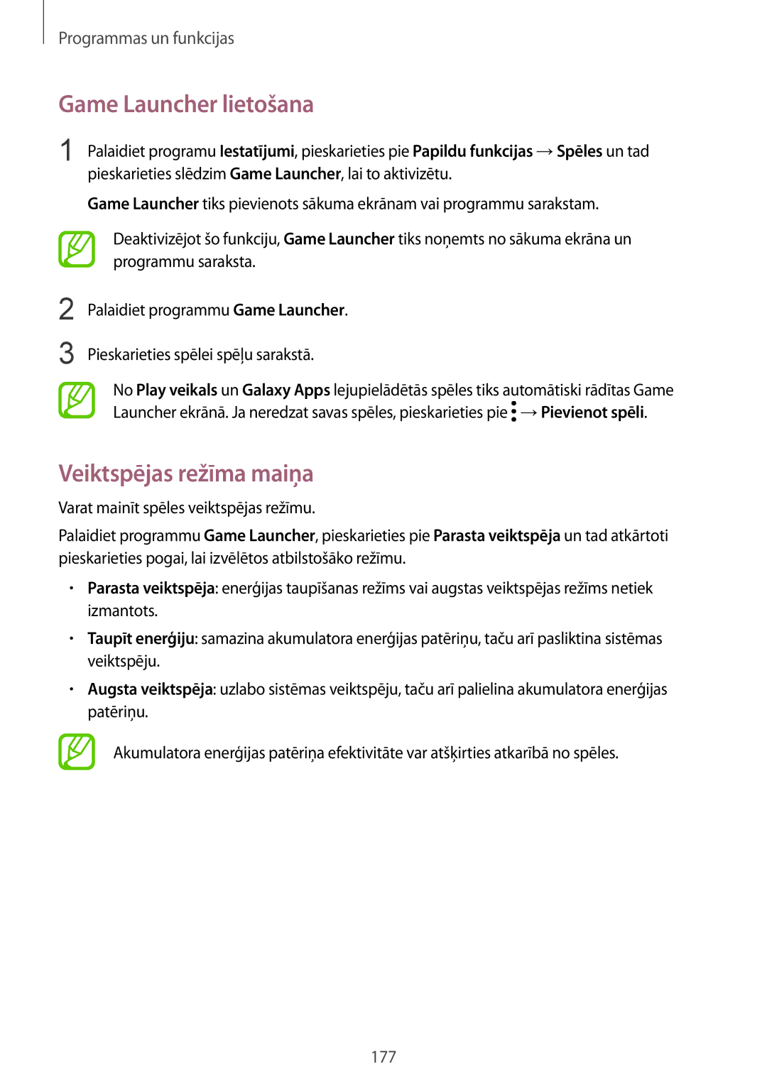 Samsung SM-N950FZDDSEB, SM-N950FZKDSEB manual Game Launcher lietošana, Veiktspējas režīma maiņa 