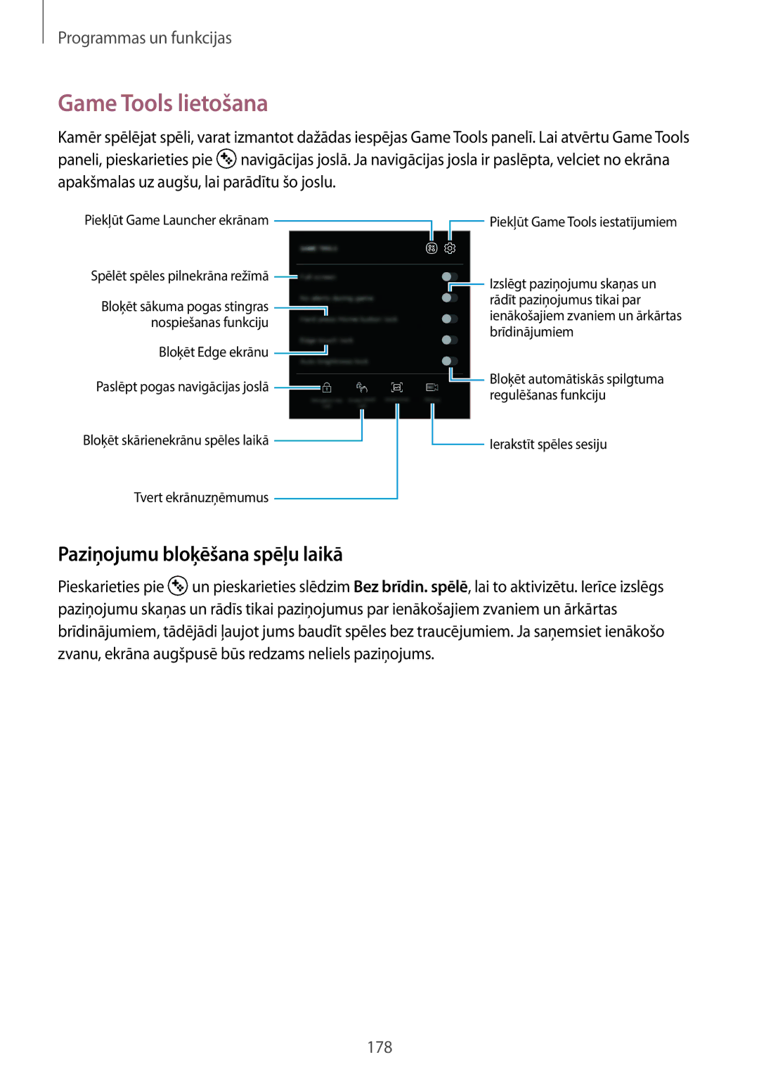 Samsung SM-N950FZKDSEB, SM-N950FZDDSEB manual Game Tools lietošana, Paziņojumu bloķēšana spēļu laikā 