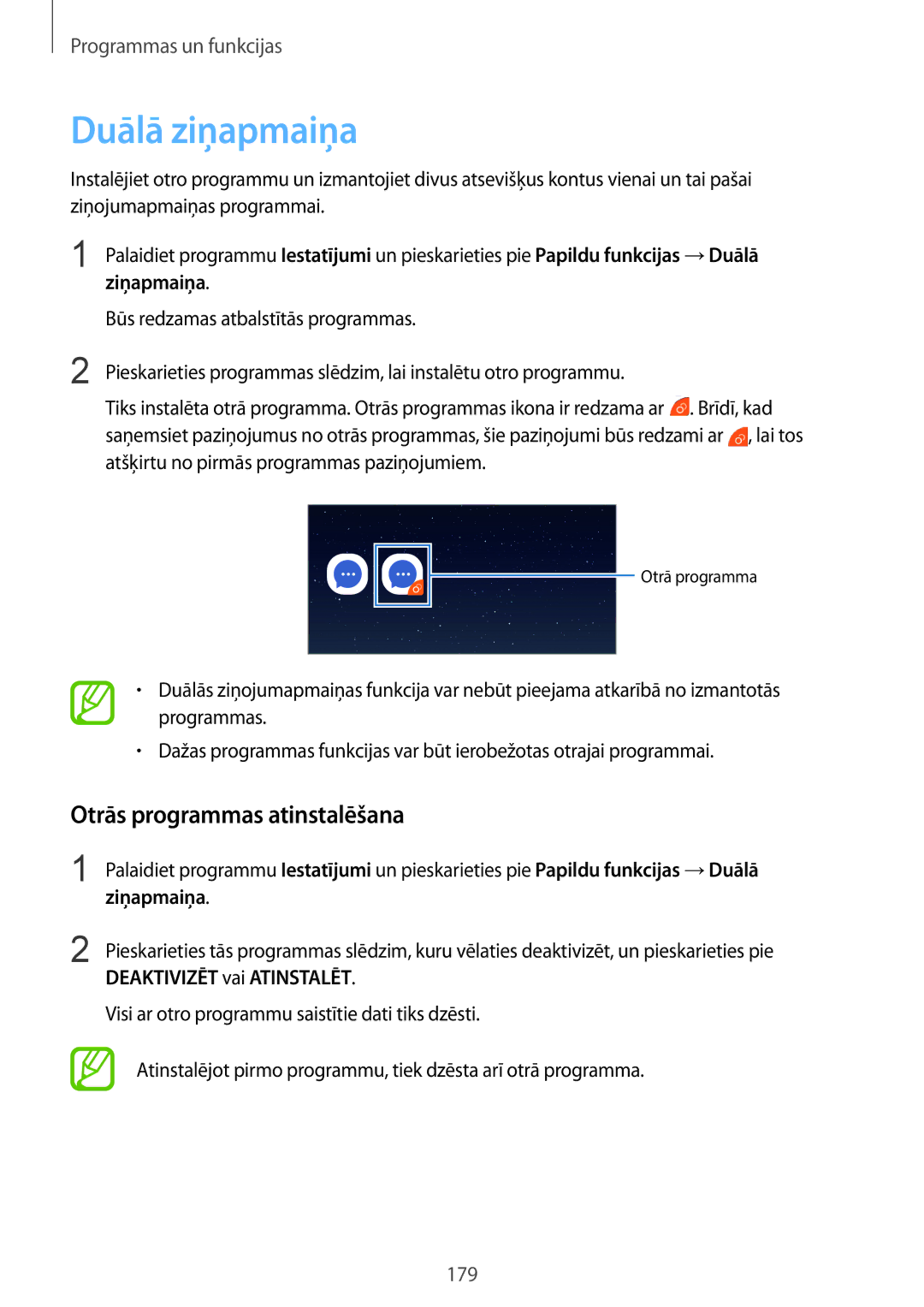 Samsung SM-N950FZDDSEB manual Duālā ziņapmaiņa, Otrās programmas atinstalēšana, Ziņapmaiņa, Deaktivizēt vai Atinstalēt 