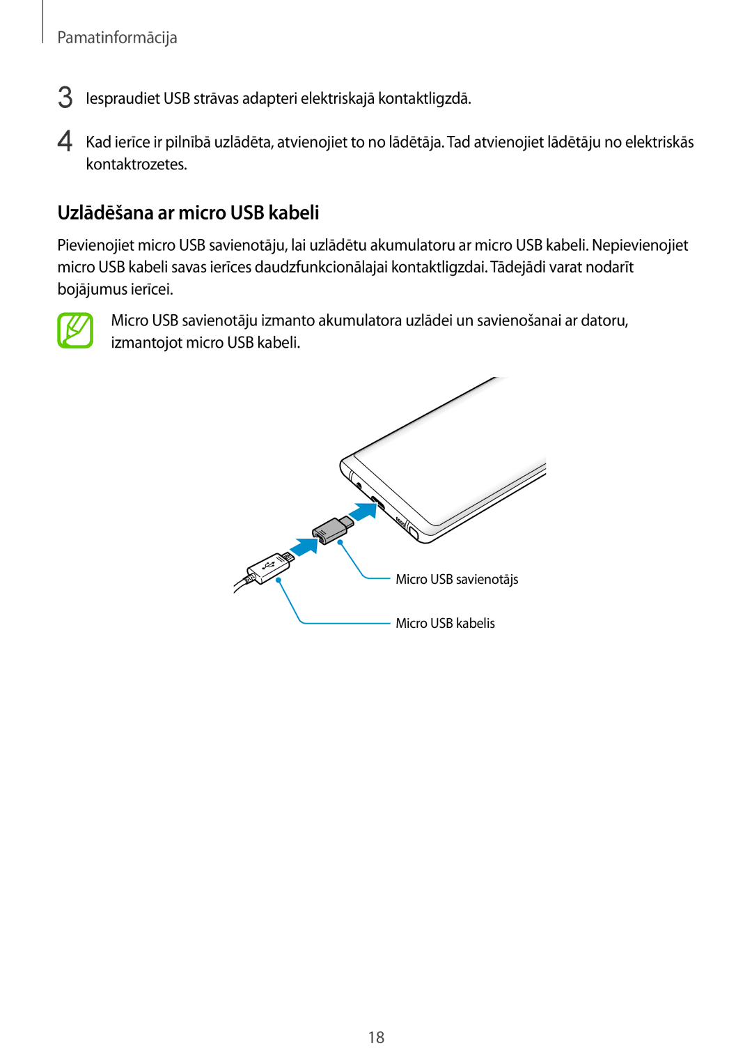 Samsung SM-N950FZKDSEB, SM-N950FZDDSEB manual Uzlādēšana ar micro USB kabeli 