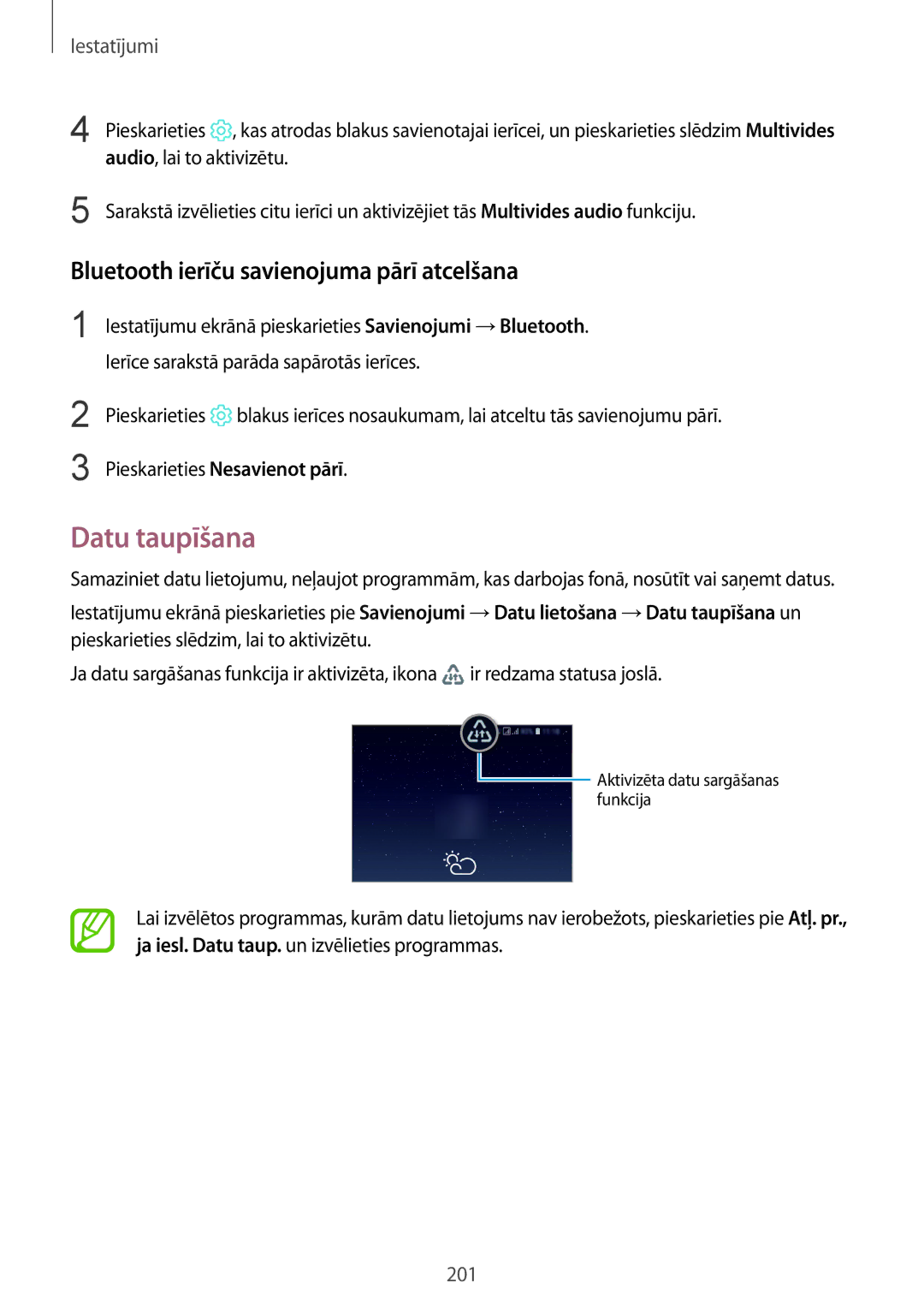 Samsung SM-N950FZDDSEB, SM-N950FZKDSEB manual Datu taupīšana, Bluetooth ierīču savienojuma pārī atcelšana 