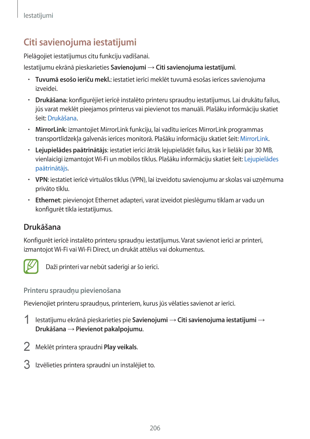 Samsung SM-N950FZKDSEB, SM-N950FZDDSEB manual Citi savienojuma iestatījumi, Drukāšana, Printeru spraudņu pievienošana 