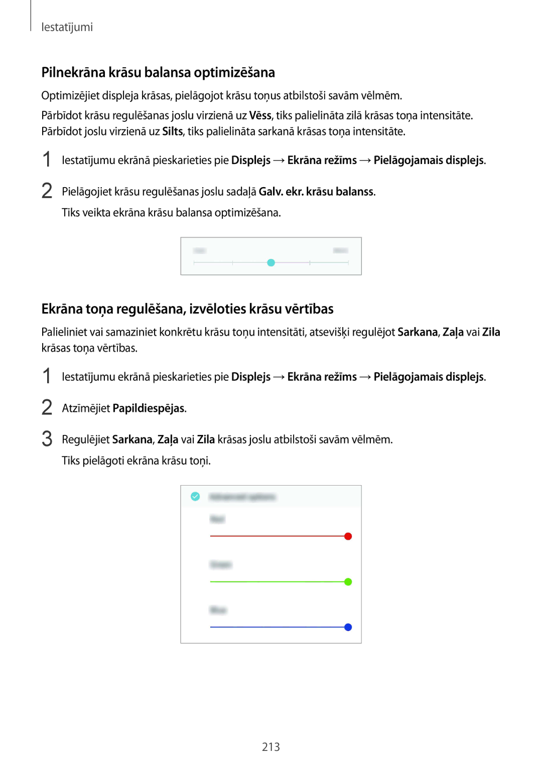 Samsung SM-N950FZDDSEB manual Pilnekrāna krāsu balansa optimizēšana, Ekrāna toņa regulēšana, izvēloties krāsu vērtības 