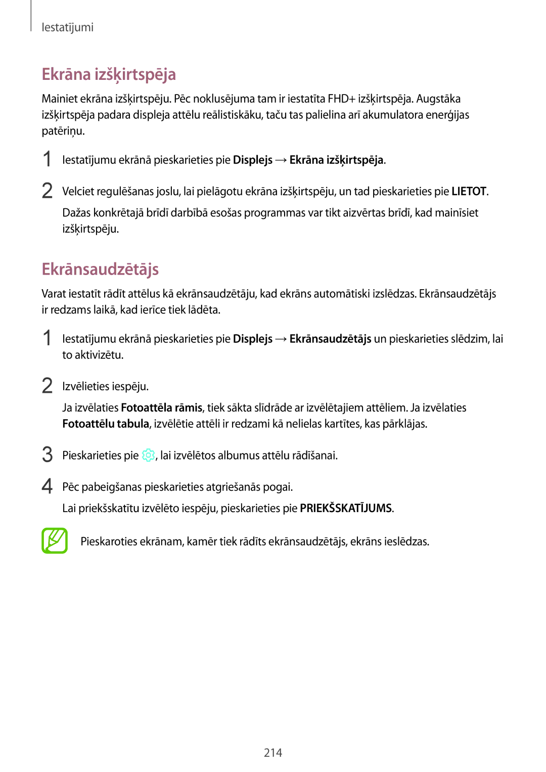 Samsung SM-N950FZKDSEB, SM-N950FZDDSEB manual Ekrāna izšķirtspēja, Ekrānsaudzētājs, To aktivizētu, Izvēlieties iespēju 