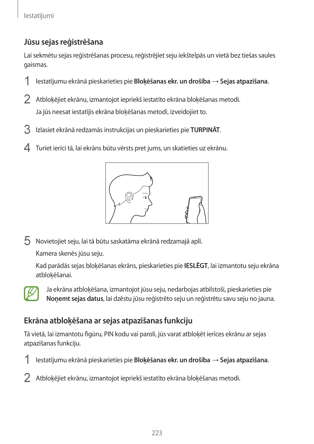 Samsung SM-N950FZDDSEB, SM-N950FZKDSEB manual Jūsu sejas reģistrēšana, Ekrāna atbloķēšana ar sejas atpazīšanas funkciju 