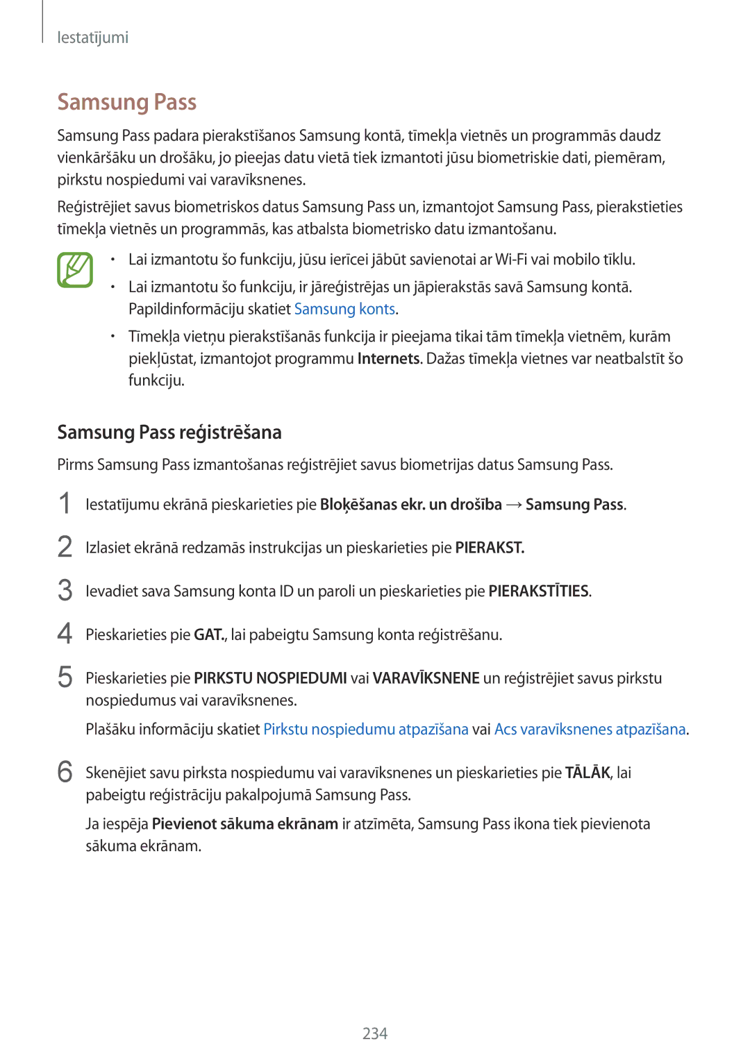 Samsung SM-N950FZKDSEB, SM-N950FZDDSEB manual Samsung Pass reģistrēšana 