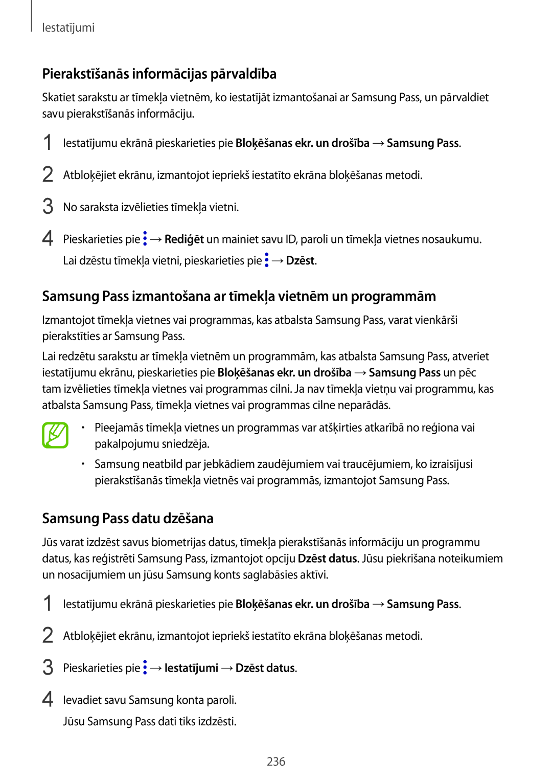 Samsung SM-N950FZKDSEB Pierakstīšanās informācijas pārvaldība, Samsung Pass izmantošana ar tīmekļa vietnēm un programmām 