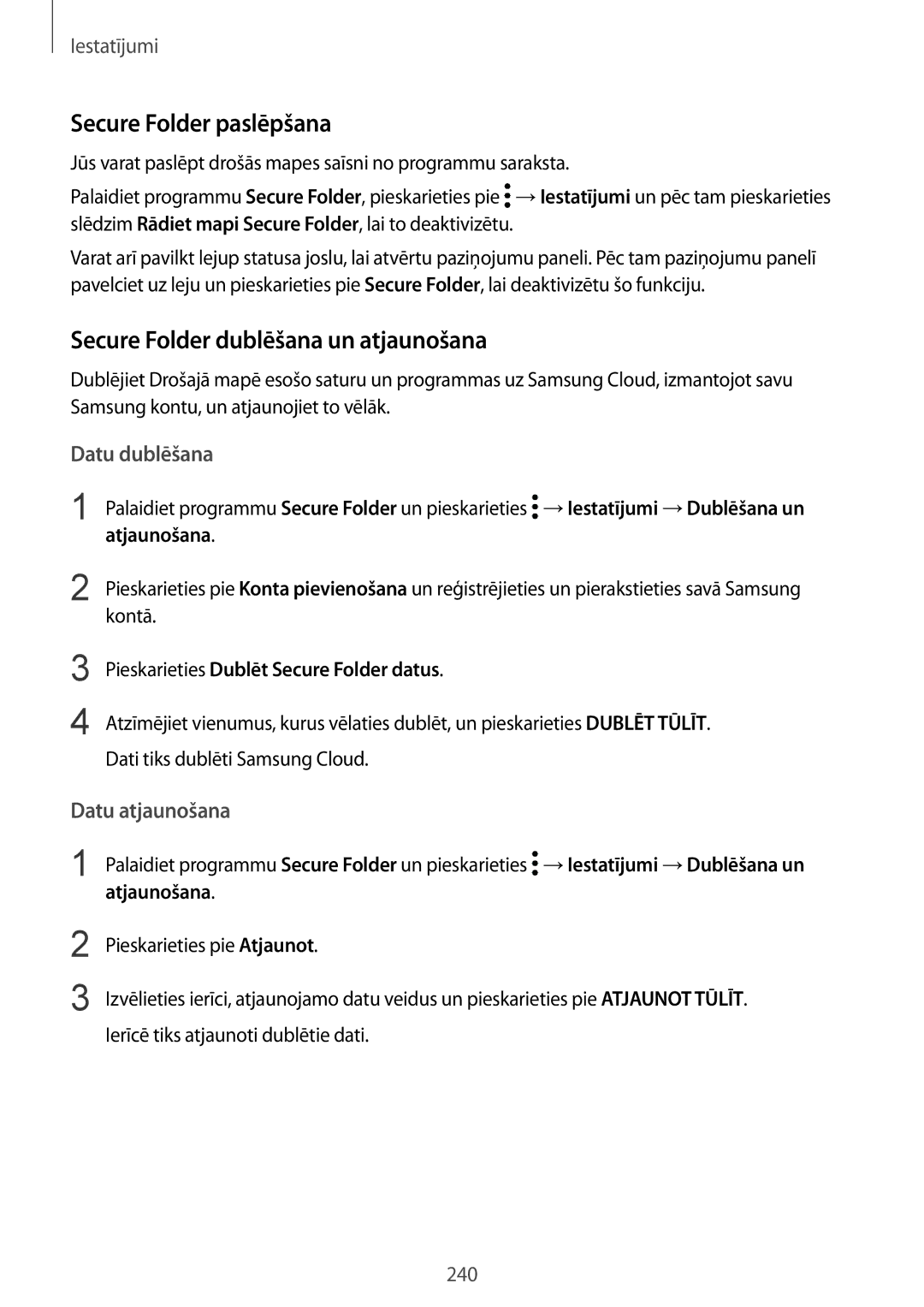 Samsung SM-N950FZKDSEB Secure Folder paslēpšana, Secure Folder dublēšana un atjaunošana, Datu dublēšana, Datu atjaunošana 