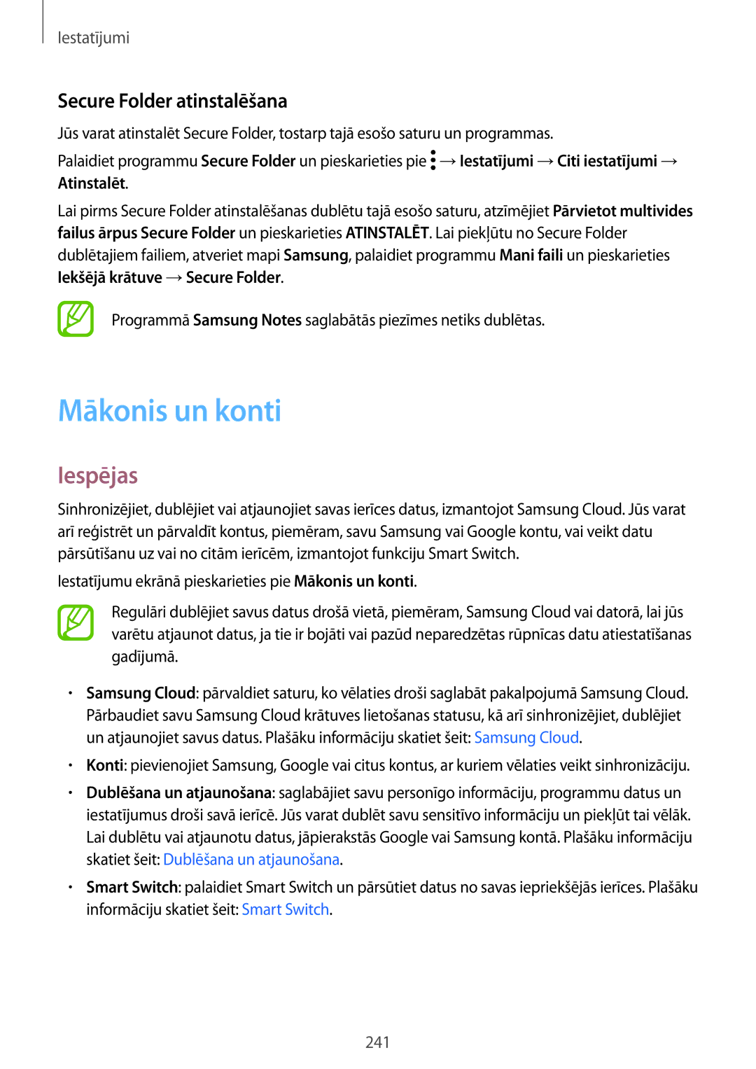 Samsung SM-N950FZDDSEB manual Mākonis un konti, Secure Folder atinstalēšana, Informāciju skatiet šeit Smart Switch 
