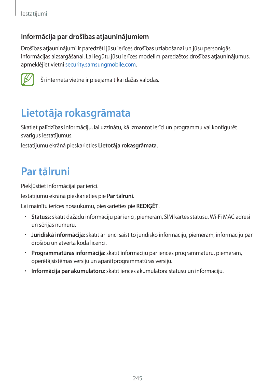Samsung SM-N950FZDDSEB, SM-N950FZKDSEB manual Lietotāja rokasgrāmata, Par tālruni, Informācija par drošības atjauninājumiem 