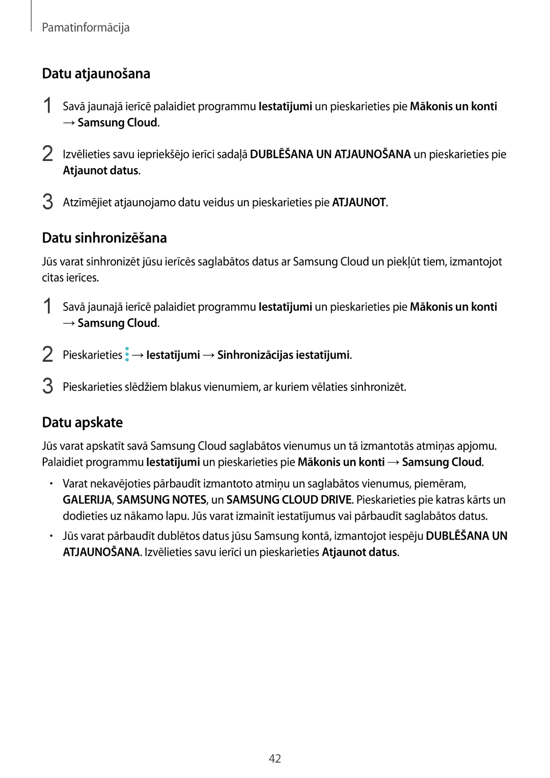 Samsung SM-N950FZKDSEB manual Datu atjaunošana, Datu sinhronizēšana, Datu apskate, → Samsung Cloud, Atjaunot datus 