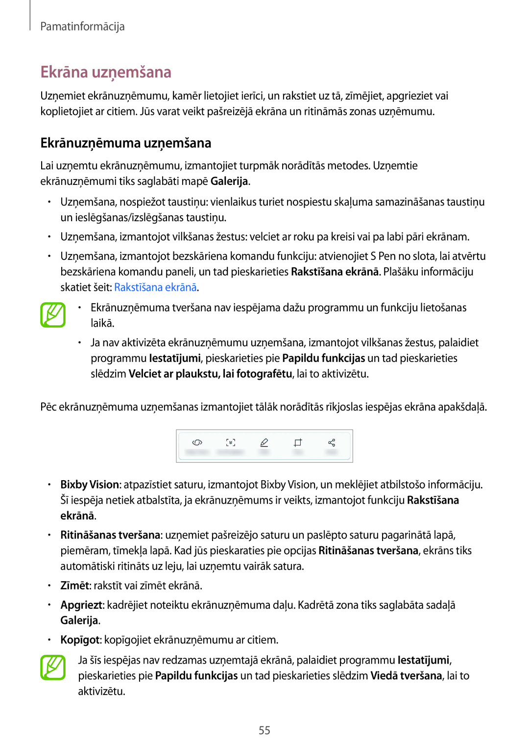 Samsung SM-N950FZDDSEB, SM-N950FZKDSEB manual Ekrāna uzņemšana, Ekrānuzņēmuma uzņemšana 