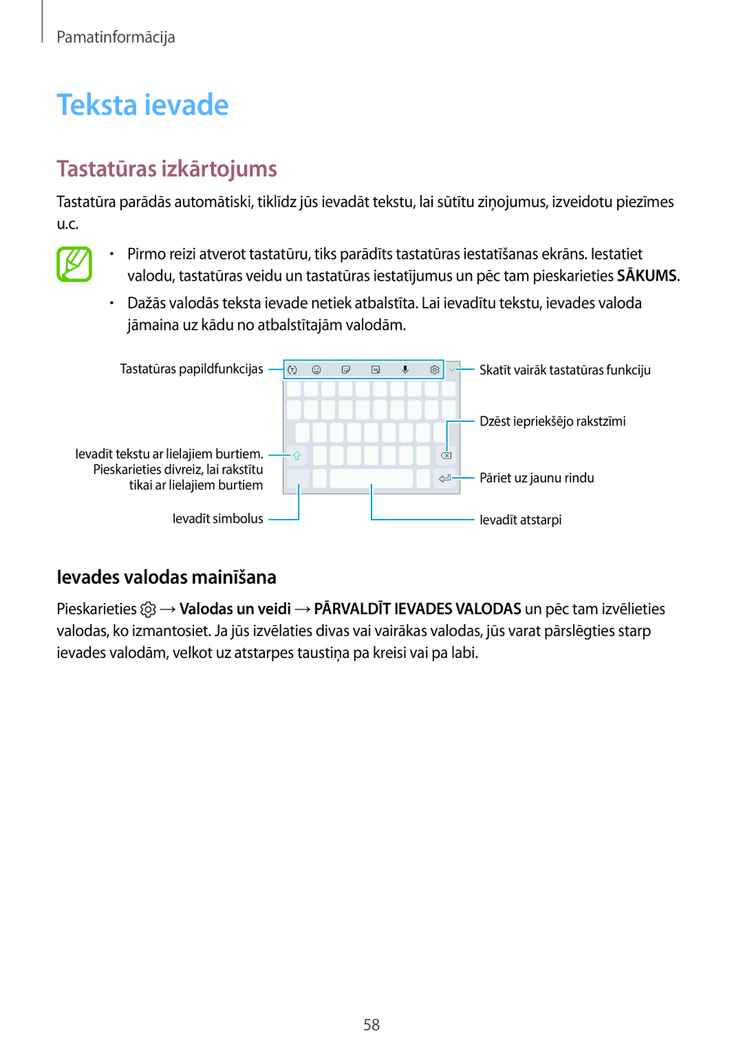 Samsung SM-N950FZKDSEB, SM-N950FZDDSEB manual Teksta ievade, Tastatūras izkārtojums, Ievades valodas mainīšana 