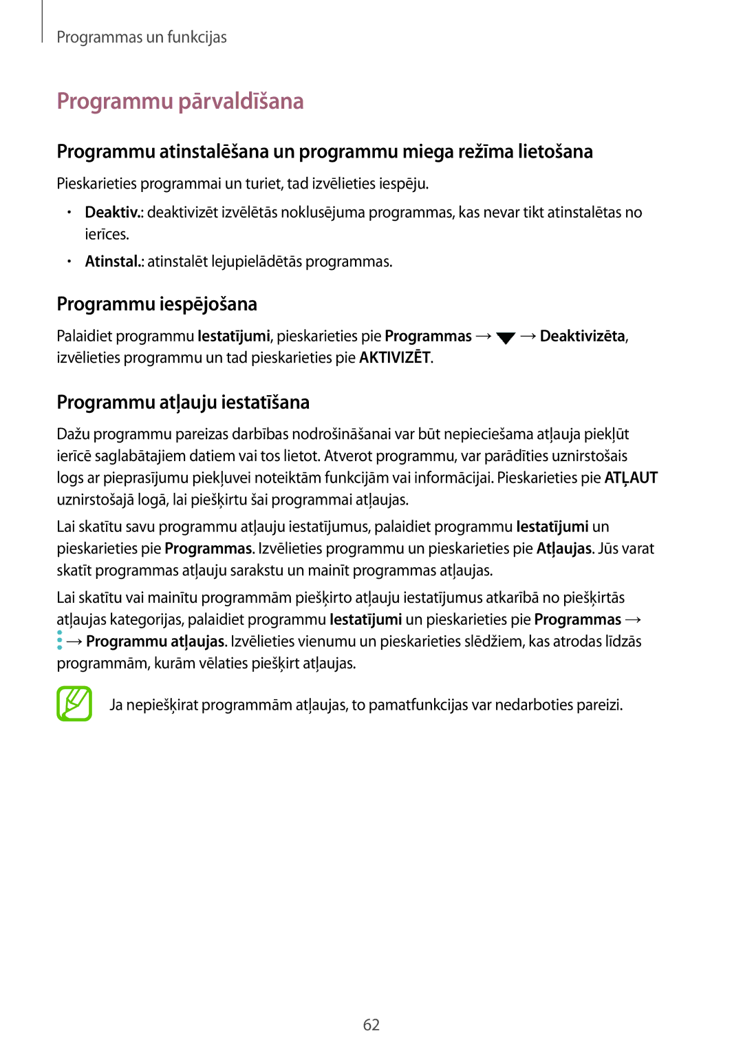 Samsung SM-N950FZKDSEB, SM-N950FZDDSEB Programmu pārvaldīšana, Programmu atinstalēšana un programmu miega režīma lietošana 