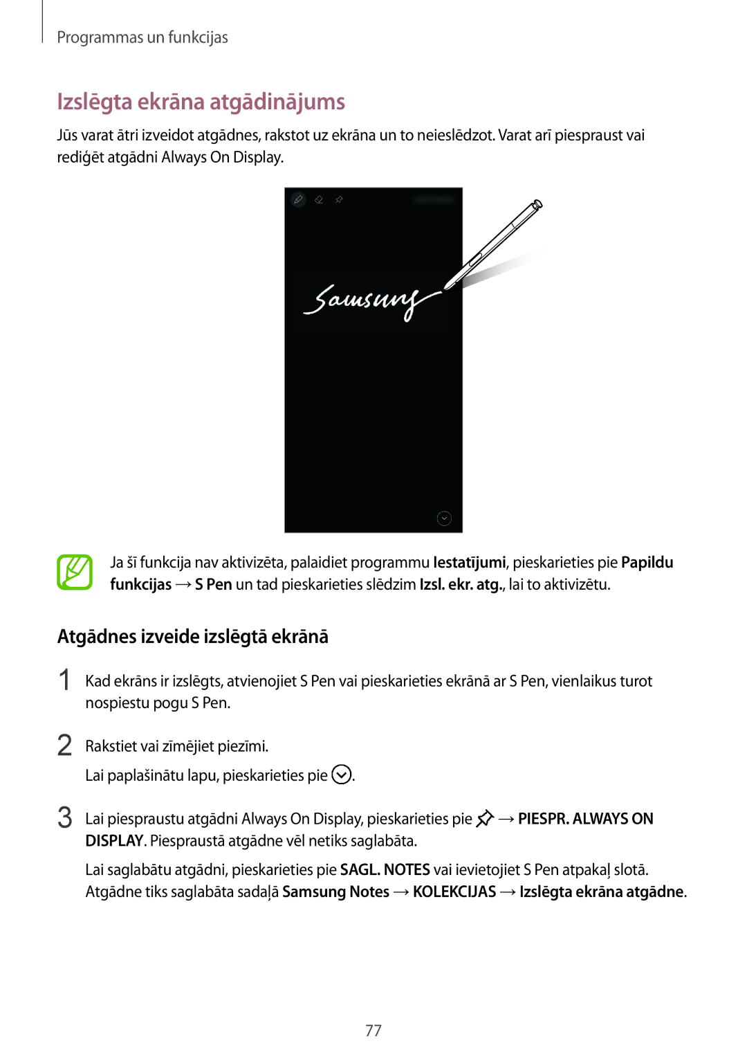 Samsung SM-N950FZDDSEB, SM-N950FZKDSEB manual Izslēgta ekrāna atgādinājums, Atgādnes izveide izslēgtā ekrānā 