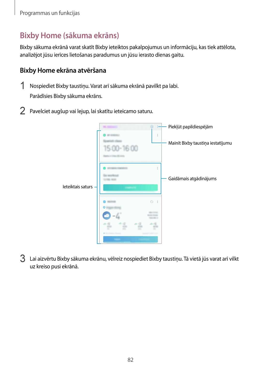 Samsung SM-N950FZKDSEB manual Bixby Home sākuma ekrāns, Bixby Home ekrāna atvēršana, Parādīsies Bixby sākuma ekrāns 