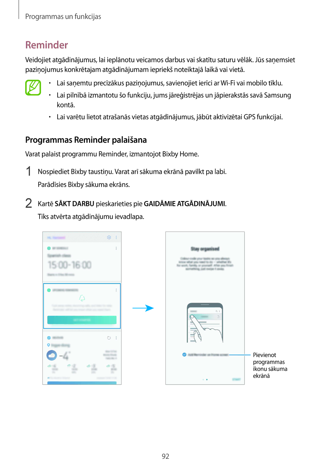 Samsung SM-N950FZKDSEB manual Programmas Reminder palaišana, Kartē Sākt Darbu pieskarieties pie Gaidāmie Atgādinājumi 