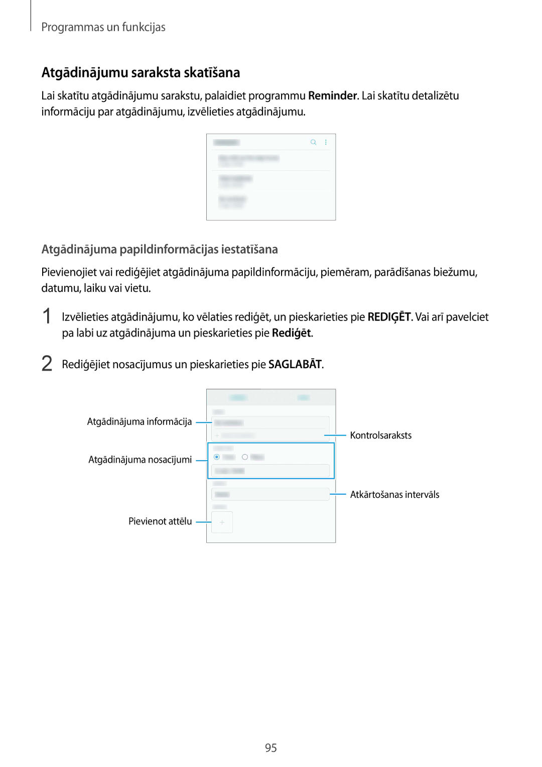 Samsung SM-N950FZDDSEB, SM-N950FZKDSEB manual Atgādinājumu saraksta skatīšana, Atgādinājuma papildinformācijas iestatīšana 